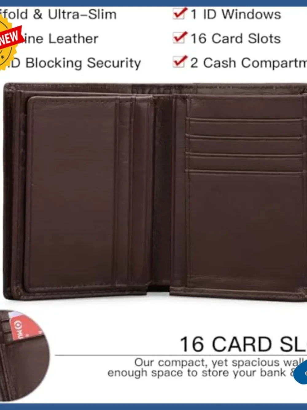 Genuine Leather Bifold Wallet with RFID Blocking 16 Card Slots Large Capacity